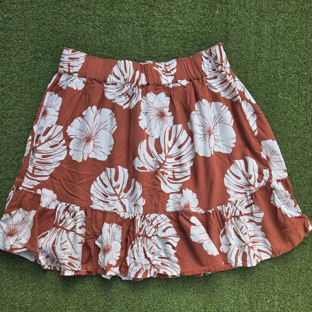 Women High Waisted Floral Mini Skirt Rust Orange white S - Picture 8 of 12